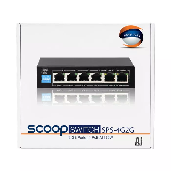 Scoop 6 Port Gigabit 4 AI PoE 60W Switch