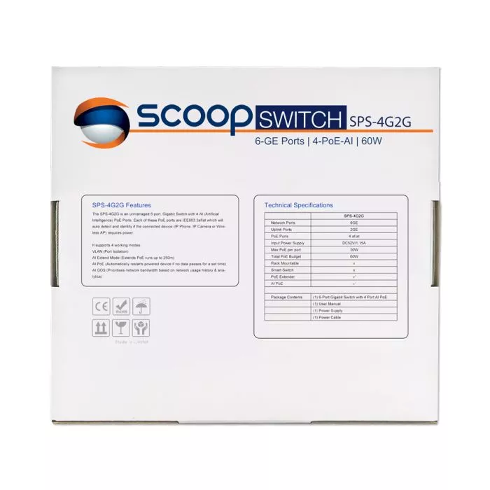 Scoop 6 Port Gigabit 4 AI PoE 60W Switch
