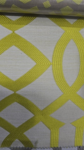 River Fabric Dimitri Chartreuse Embroidered Geometric 100% Polyester Curtain Fabric – 280 cm Wide, 165 GSM