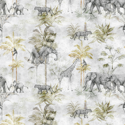 Silkhouse Borneo - Colombo Scenic Wildlife Dual-Purpose Fabric in Grey Mist (280cm Wide)